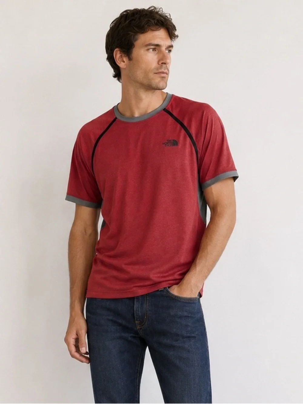 The North Face FlashDry Perfomance Shirt Men's Large Red Gray Short Sleeve